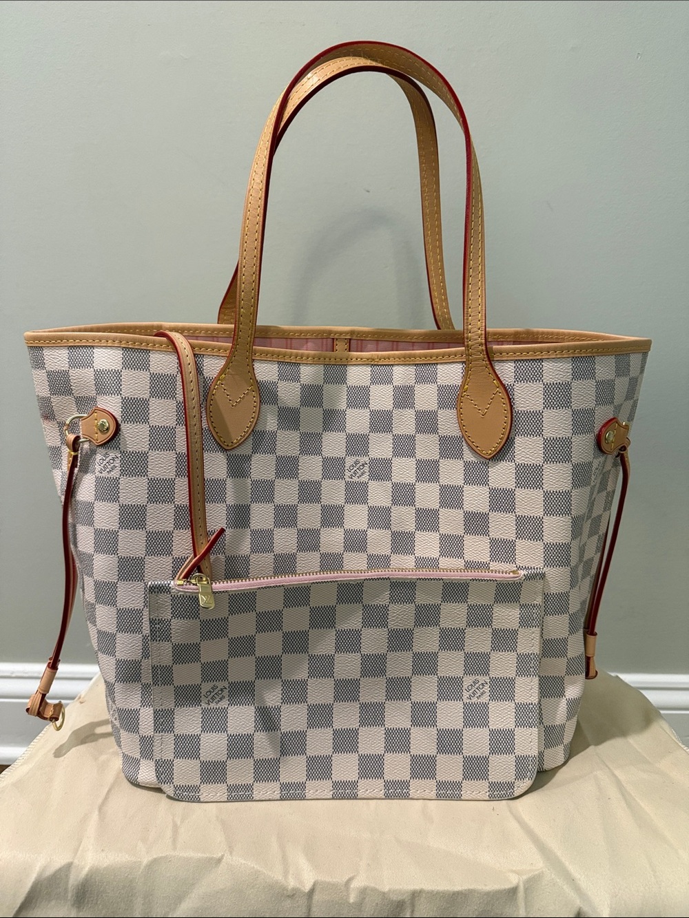 Inspired Neverfull MM Classic Check Canvas Tote in Light Gray and Cream